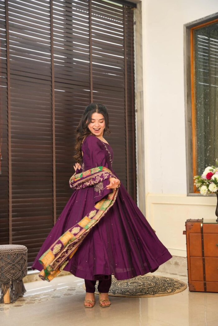 Americanchoice Fully Stitched Designer Pure Chinnon With Embroidery Sequence Work Gown & Dupatta Set - Image 5