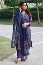 Americanchoice Cotton Blue Printed Kurta With Pant & Dupatta Set