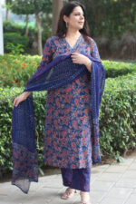 Americanchoice Cotton Blue Printed Kurta With Pant & Dupatta Set - Image 4