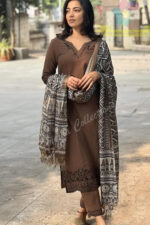Americanchoice Brown Khadi Cotton Embroidered Kurta And Pant Set With Khadi Silk Dupatta