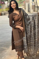 Americanchoice Brown Khadi Cotton Embroidered Kurta And Pant Set With Khadi Silk Dupatta - Image 2