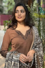 Americanchoice Brown Khadi Cotton Embroidered Kurta And Pant Set With Khadi Silk Dupatta - Image 3