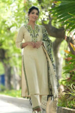 Americanchoice Cotton Embroidered Kurt With Pant & Khadi Silk Dupatta Set