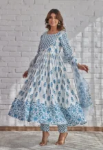 Americanchoice Blue Cotton Anarkali Kurta With Pant & Dupatta Set - Image 5