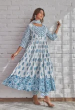 Americanchoice Blue Cotton Anarkali Kurta With Pant & Dupatta Set - Image 4