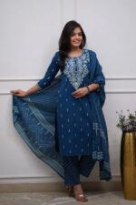 Americanchoice Blue Cotton Embroidered Kurta With Pant & Dupatta Set - Image 5