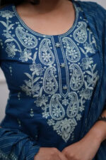 Americanchoice Blue Cotton Embroidered Kurta With Pant & Dupatta Set - Image 3