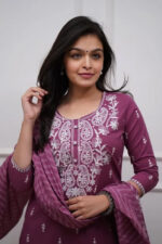 Americanchoice Cotton Purple Embroidered Kurta With Pant & Dupatta Set - Image 5