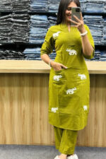 Americanchoice Cotton Green Embroidered Kurta & Pant Set