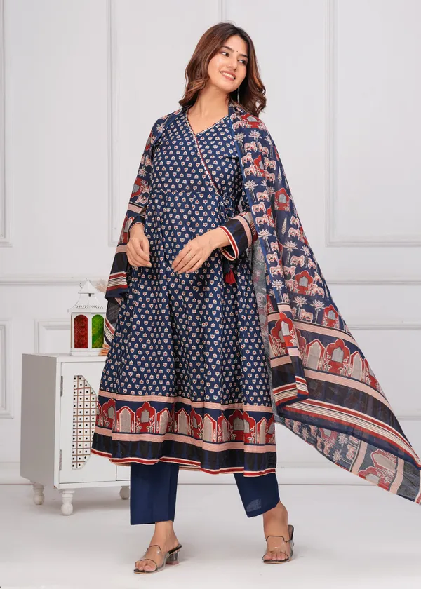 Americanchoice Multicolor Cotton Hand Block Print Kurta With Pant & Dupatta Set - Image 3