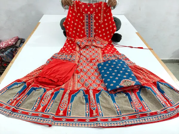 Americanchoice Cotton Jaipuri Print Kurta With Pant & Dupatta Set - Image 3