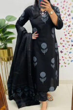 Americanchoice Black Cotton Kurta With Pant & Dupatta Set - Image 2