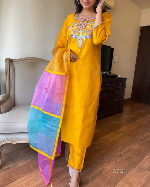 Americanchoice Embroidered Rayon Kurta With Pant & Three Shade Color Organza Dupatta Set - Image 4