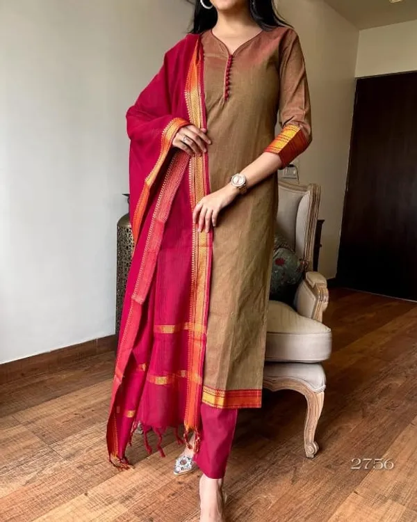 Americanchoice Brown Color Handloom South Cotton Kurta and Pant Set with Dupatta - Image 7