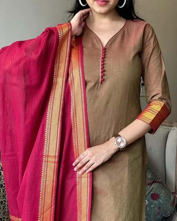 Americanchoice Brown Color Handloom South Cotton Kurta and Pant Set with Dupatta - Image 4