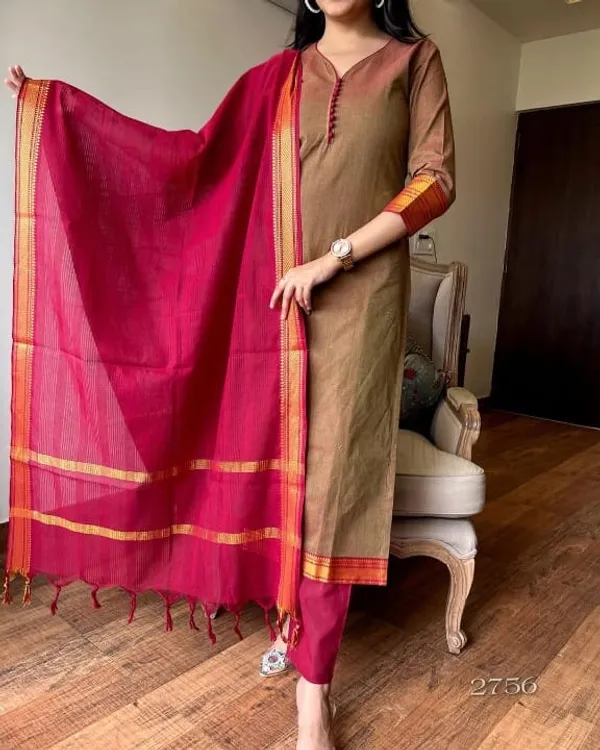 Americanchoice Brown Color Handloom South Cotton Kurta and Pant Set with Dupatta - Image 3
