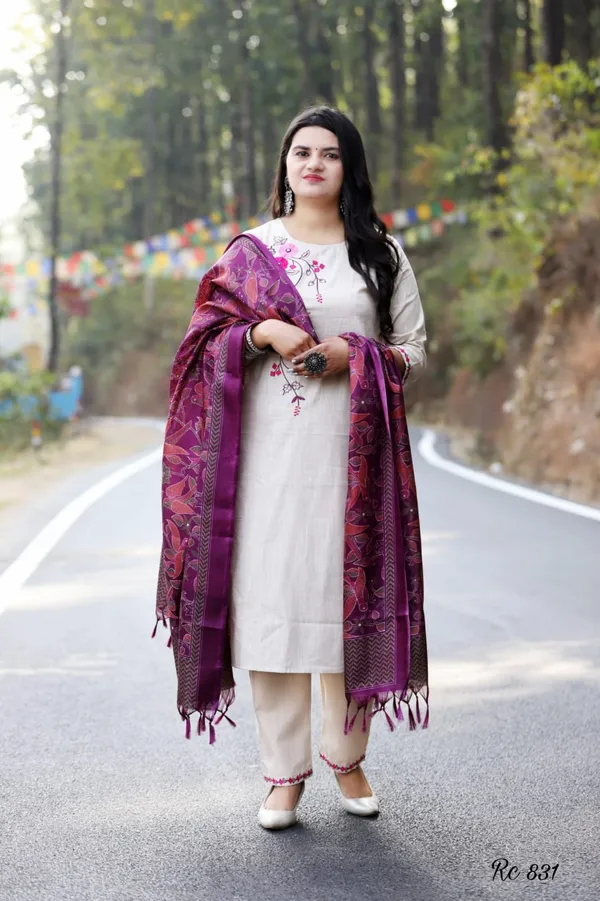 Americanchoice Handloom South Cotton Kurta With Pant & Khadi Silk Dupatta Set - Image 3