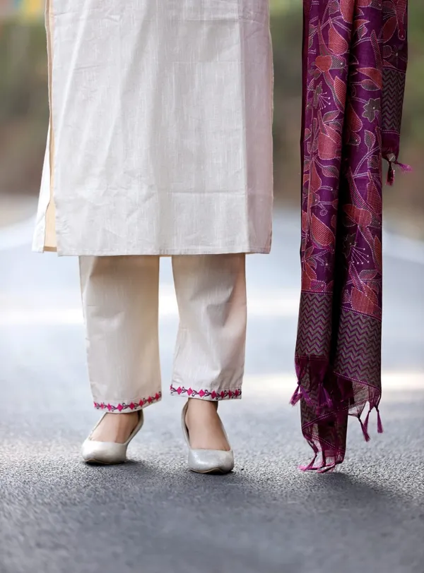 Americanchoice Handloom South Cotton Kurta With Pant & Khadi Silk Dupatta Set - Image 4
