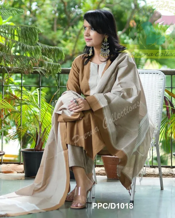 Americanchoice Brown Handloom South Cotton Kurta and Pant Set with South Cotton Dupatta - Image 6
