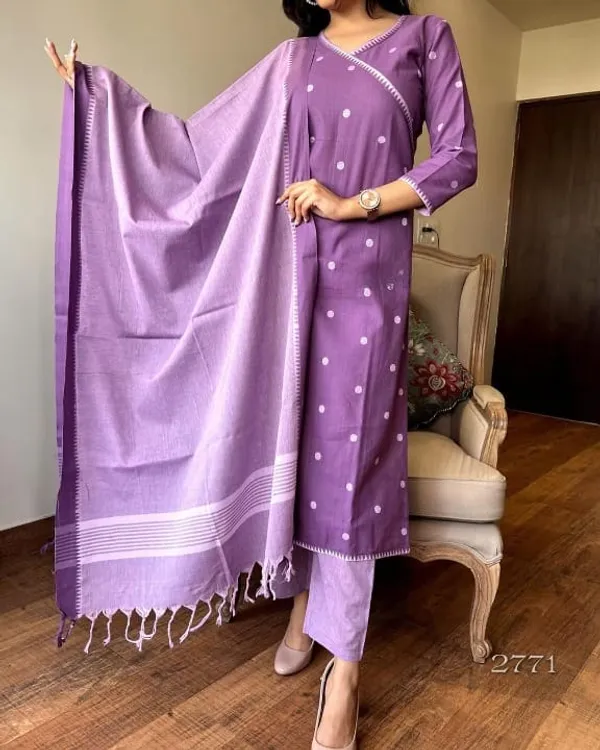Americanchoice Purple Handloom South Cotton Kurta With Pant & South Cotton Dupatta Set - Image 10