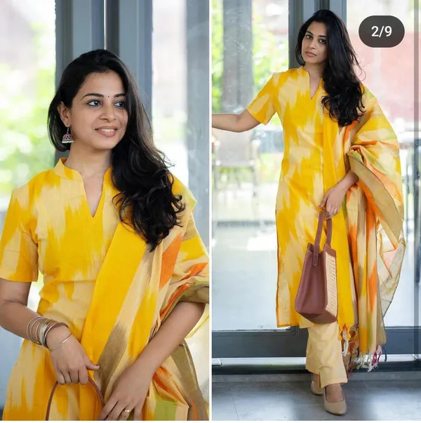 Americanchoice Yellow Handloom South Cotton Kurta With Pant & South Cotton Dupatta Set - Image 4