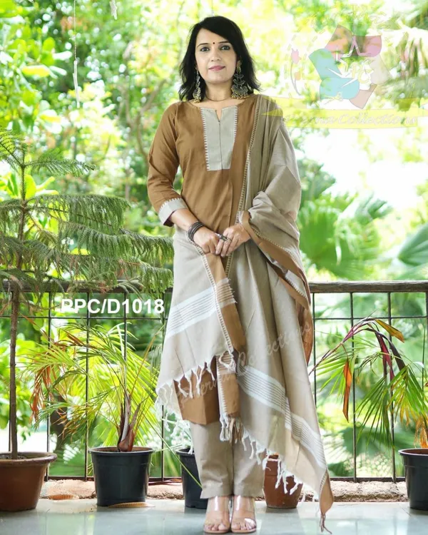 Americanchoice Brown Handloom South Cotton Kurta and Pant Set with South Cotton Dupatta - Image 5
