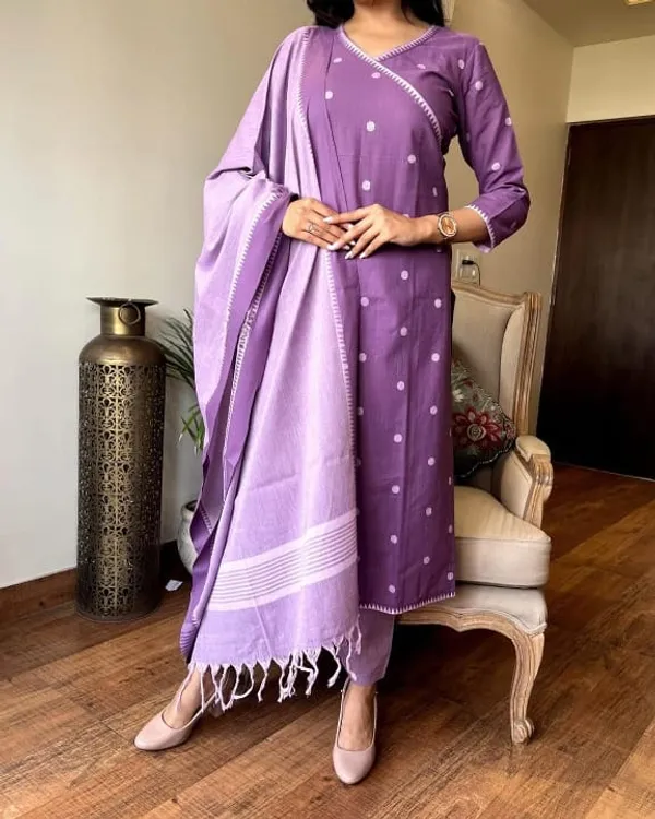 Americanchoice Purple Handloom South Cotton Kurta With Pant & South Cotton Dupatta Set - Image 4