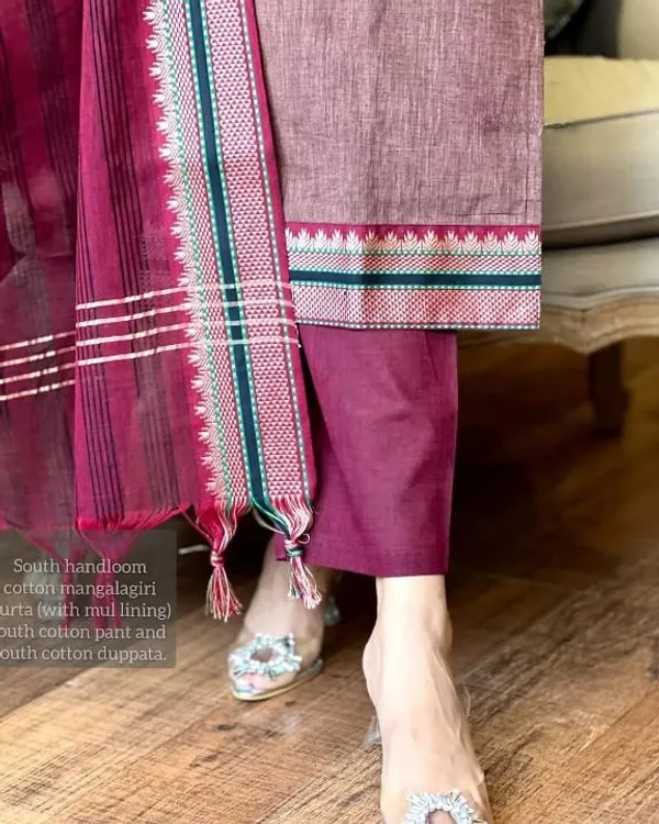 Americanchoice Handloom South Cotton Manglagiri Kurta With Pant & South Cotton Dupatta Set - Image 5