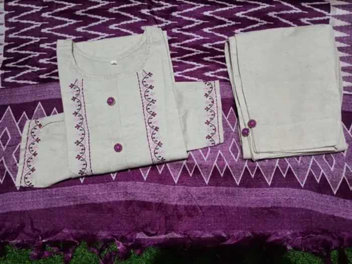 Americanchoice Off White Khadi Cotton Kurta and Pant Set with Khadi Silk Dupatta - Image 4
