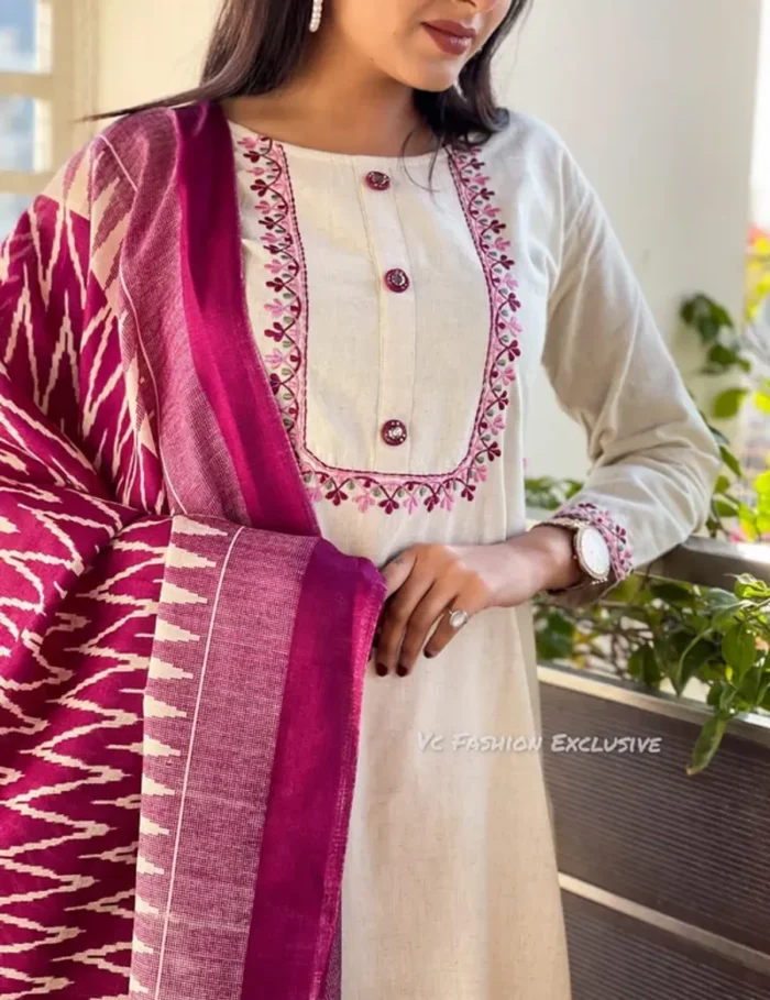 Americanchoice Off White Khadi Cotton Kurta and Pant Set with Khadi Silk Dupatta - Image 6
