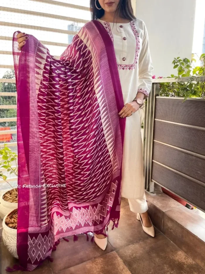 Americanchoice Off White Khadi Cotton Kurta and Pant Set with Khadi Silk Dupatta - Image 5