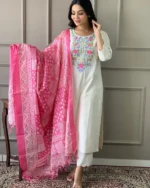 Americanchoice Khadi Cotton Embroidered Kurta With Pant & Khadi Silk Dupatta Set - Image 6