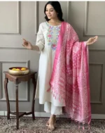 Americanchoice Khadi Cotton Embroidered Kurta With Pant & Khadi Silk Dupatta Set - Image 4