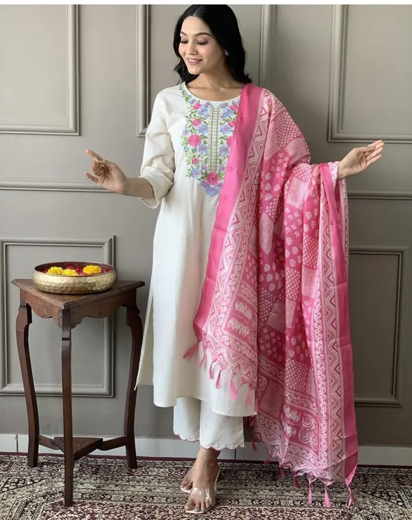 Americanchoice Khadi Cotton Embroidered Kurta With Pant & Khadi Silk Dupatta Set - Image 4