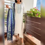 Americanchoice White Khadi Cotton Kurta With Pant & Khadi Silk Dupatta Set - Image 10