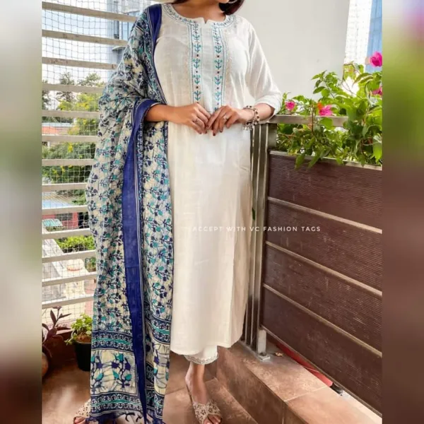 Americanchoice White Khadi Cotton Kurta With Pant & Khadi Silk Dupatta Set - Image 8