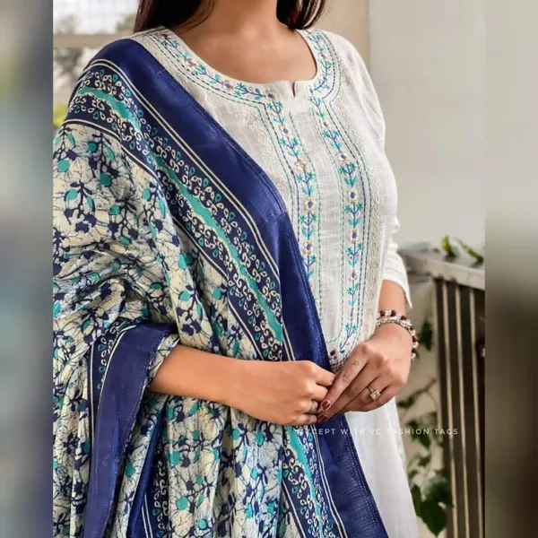 Americanchoice White Khadi Cotton Kurta With Pant & Khadi Silk Dupatta Set - Image 7
