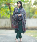 Americanchoice Bottle Green Khadi Cotton Kurta With Pant & Khadi Silk Kantha Print Dupatta - Image 5
