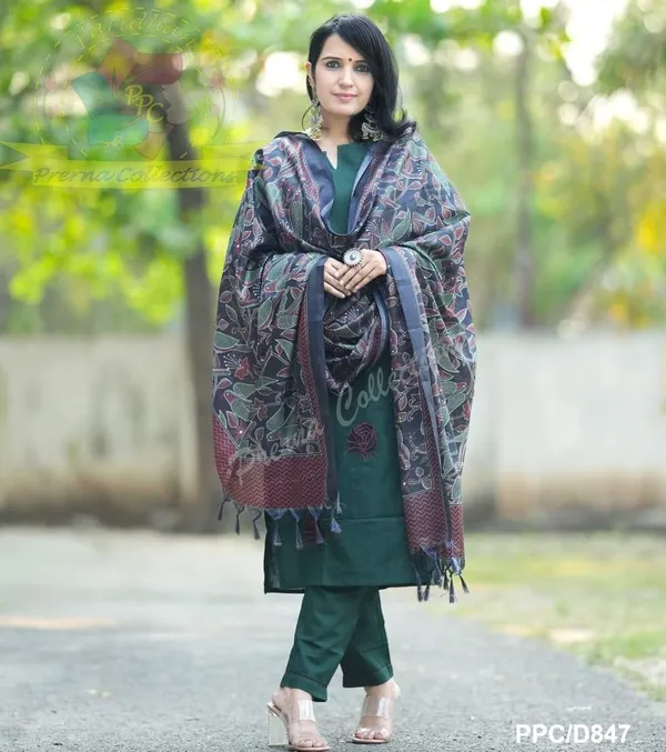 Americanchoice Bottle Green Khadi Cotton Kurta With Pant & Khadi Silk Kantha Print Dupatta - Image 5