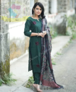 Americanchoice Bottle Green Khadi Cotton Kurta With Pant & Khadi Silk Kantha Print Dupatta - Image 3