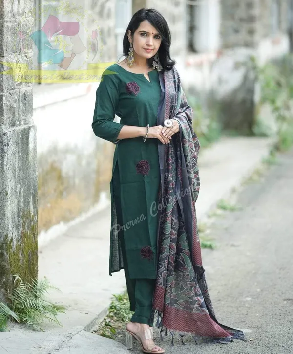 Americanchoice Bottle Green Khadi Cotton Kurta With Pant & Khadi Silk Kantha Print Dupatta - Image 3