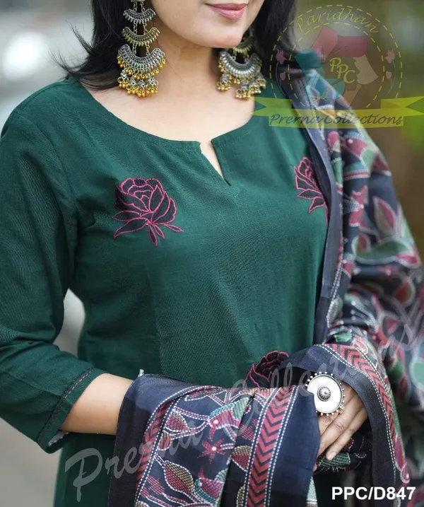 Americanchoice Bottle Green Khadi Cotton Kurta With Pant & Khadi Silk Kantha Print Dupatta - Image 4