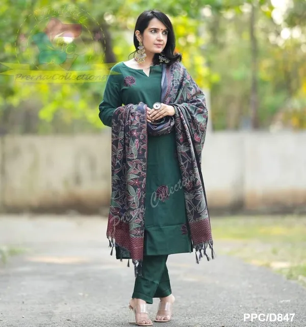 Americanchoice Bottle Green Khadi Cotton Kurta With Pant & Khadi Silk Kantha Print Dupatta - Image 7