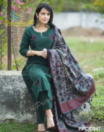 Americanchoice Bottle Green Khadi Cotton Kurta With Pant & Khadi Silk Kantha Print Dupatta - Image 8