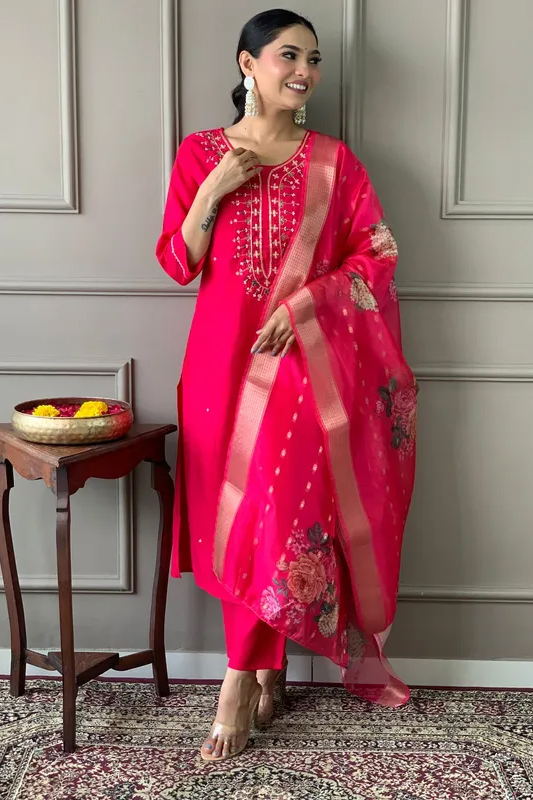 Americanchoice Pink Premium Rayon Kurta Set And Jacquard Chanderi Digital Print Dupatta Set - Image 6