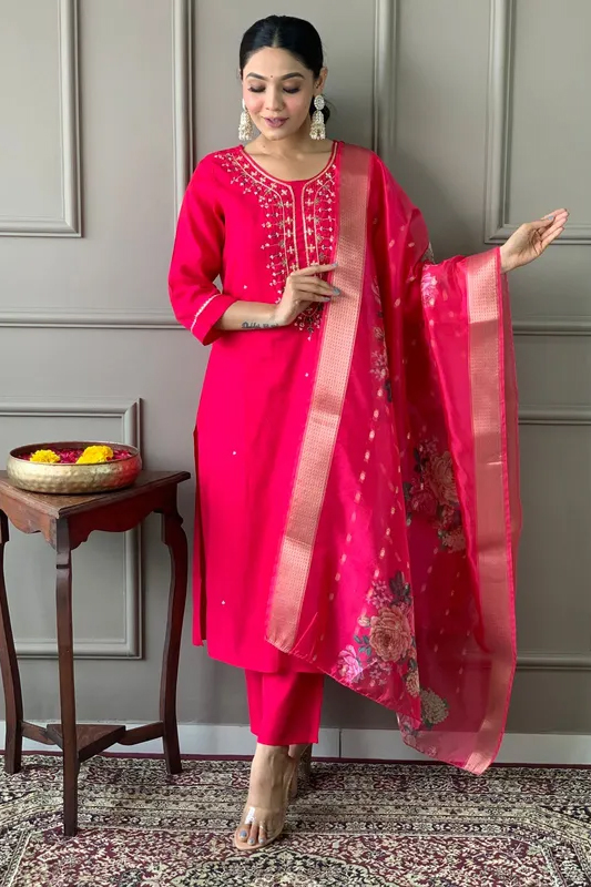 Americanchoice Pink Premium Rayon Kurta Set And Jacquard Chanderi Digital Print Dupatta Set - Image 7