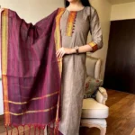 Americanchoice Beige Color South Cotton Golden Zari Thread Kurti With Pant & South Cotton Dupatta - Image 9