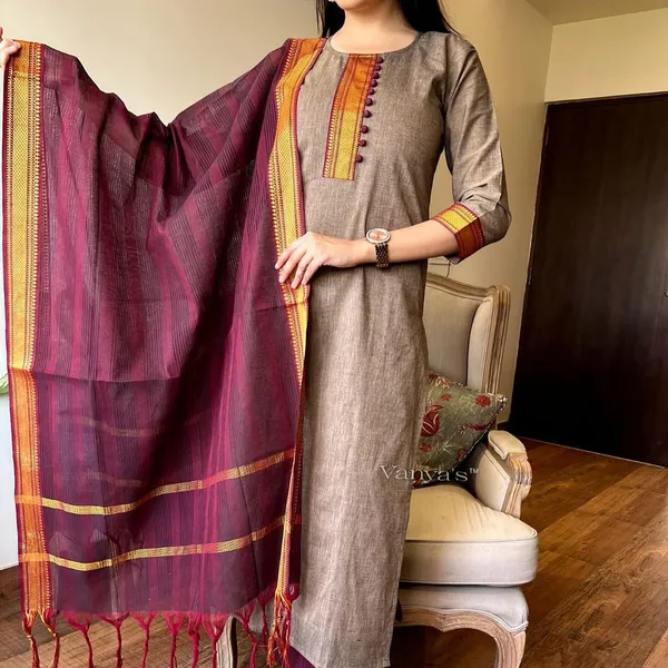Americanchoice Beige Color South Cotton Golden Zari Thread Kurti With Pant & South Cotton Dupatta - Image 9