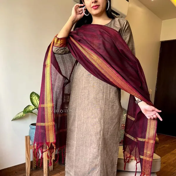 Americanchoice Beige Color South Cotton Golden Zari Thread Kurti With Pant & South Cotton Dupatta - Image 7
