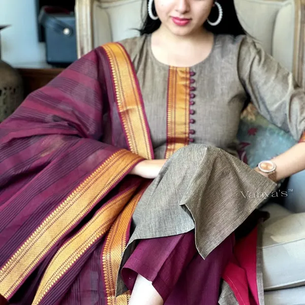 Americanchoice Beige Color South Cotton Golden Zari Thread Kurti With Pant & South Cotton Dupatta - Image 6